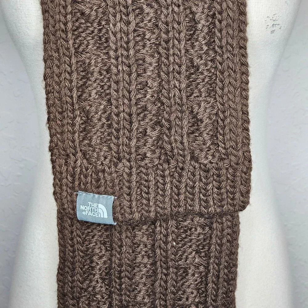 The‎ North Face Brown Cable Knit Scarf Chunky Winter Neck Warmer Unisex Logo - Picture 2 of 4
